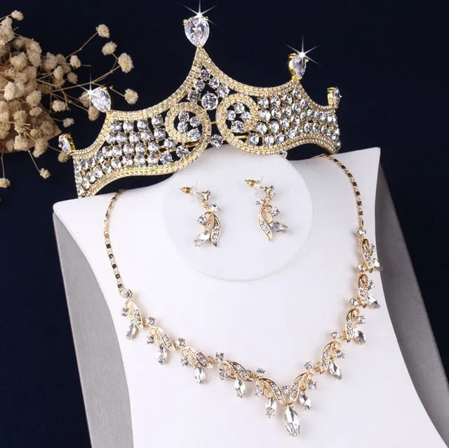 Baroque Rhinestone and Leaf Crystal Tiara, Necklace & Earrings Wedding Jewelry Set