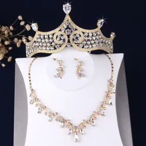 Baroque Rhinestone and Leaf Crystal Tiara, Necklace & Earrings Wedding Jewelry Set