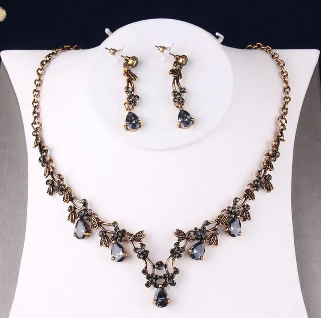 Baroque Vintage Bronze & Gold, Crystal, Beads and Rhinestone Tiara, Necklace & Earrings Wedding Jewelry Set