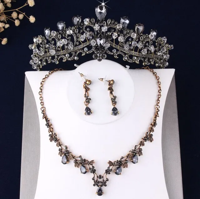 Baroque Vintage Bronze & Gold, Crystal, Beads and Rhinestone Tiara, Necklace & Earrings Wedding Jewelry Set