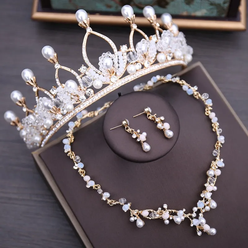 Baroque Vintage Gold, Crystal, Pearl and Rhinestone Tiara, Necklace & Earrings Wedding Jewelry Set