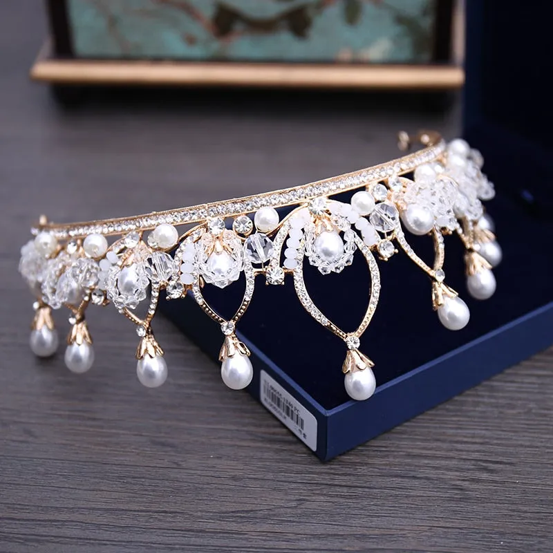 Baroque Vintage Gold, Crystal, Pearl and Rhinestone Tiara, Necklace & Earrings Wedding Jewelry Set