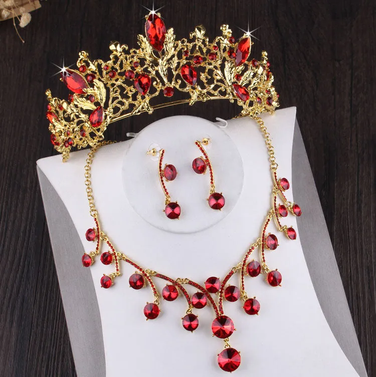 Baroque Vintage Gold-Plated Red Crystal and Rhinestone Tiara, Necklace & Earrings Jewelry Set