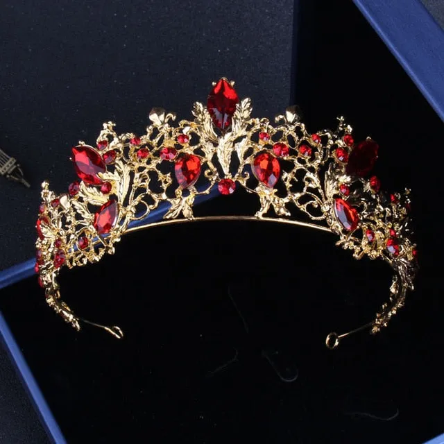 Baroque Vintage Gold-Plated Red Crystal and Rhinestone Tiara, Necklace & Earrings Jewelry Set