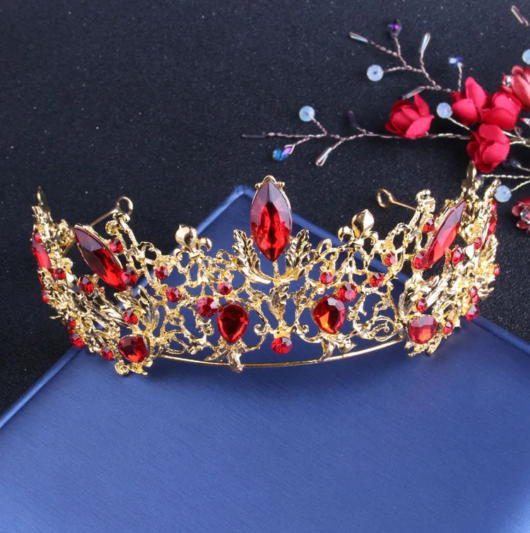 Baroque Vintage Gold-Plated Red Crystal and Rhinestone Tiara, Necklace & Earrings Jewelry Set