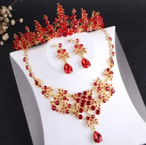 Baroque Vintage Gold, Red Crystal and Rhinestone Tiara, Necklace & Earrings Jewelry Set