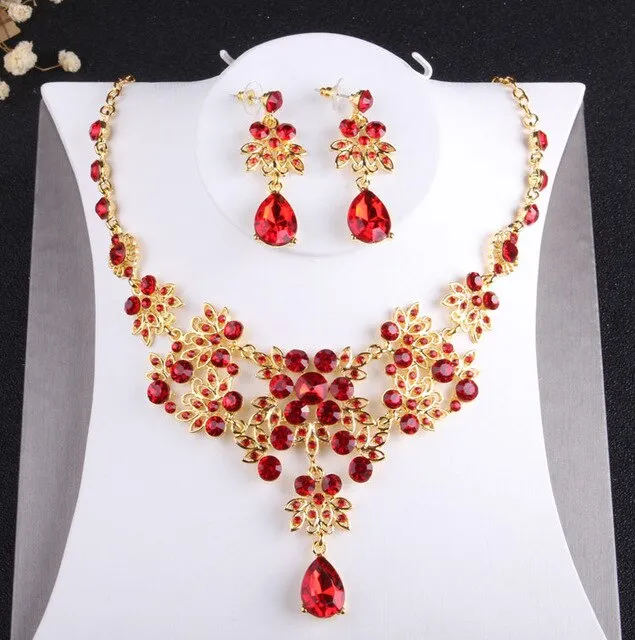 Baroque Vintage Gold, Red Crystal and Rhinestone Tiara, Necklace & Earrings Jewelry Set