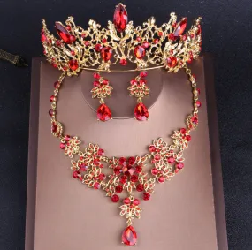 Baroque Vintage Gold Red Crystal and Rhinestone Tiara, Necklace & Earrings Wedding Jewelry Set