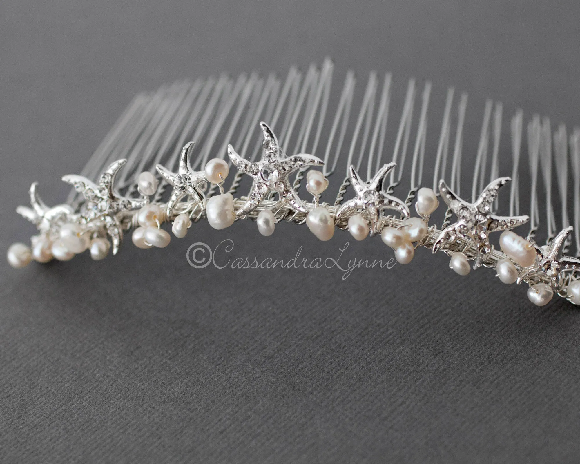 Beach Tiara Comb with Starfish and Freshwater Pearls