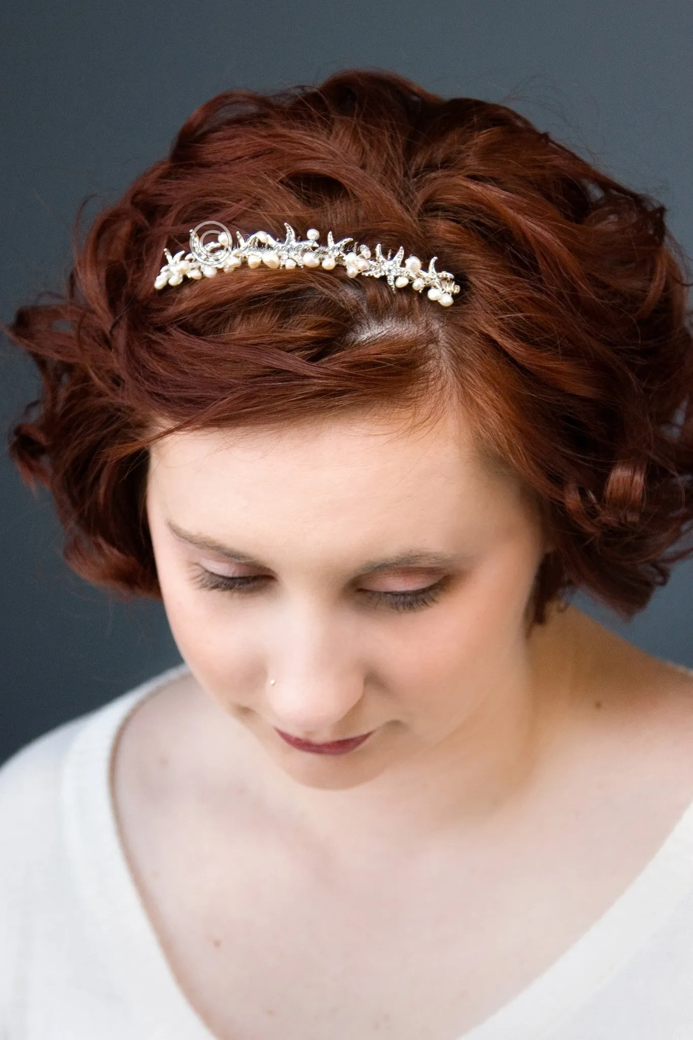 Beach Tiara Comb with Starfish and Freshwater Pearls