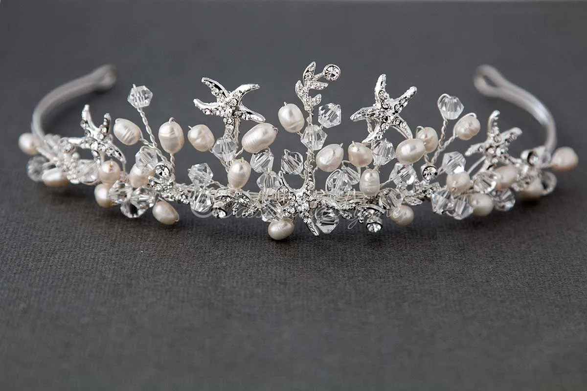 Beach Tiara of Crystal Starfish and Freshwater Pearls