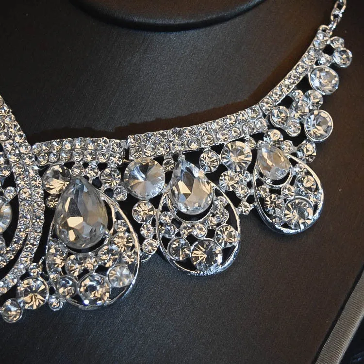 Big Rhinestone and Silver-Plated Crystal Tiara, Necklace & Earrings Wedding Jewelry Set