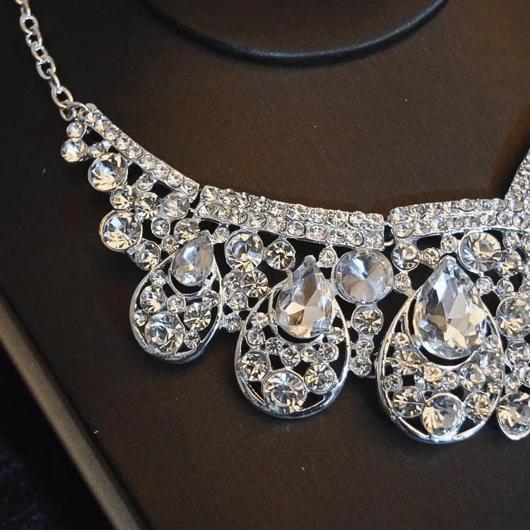 Big Rhinestone and Silver-Plated Crystal Tiara, Necklace & Earrings Wedding Jewelry Set