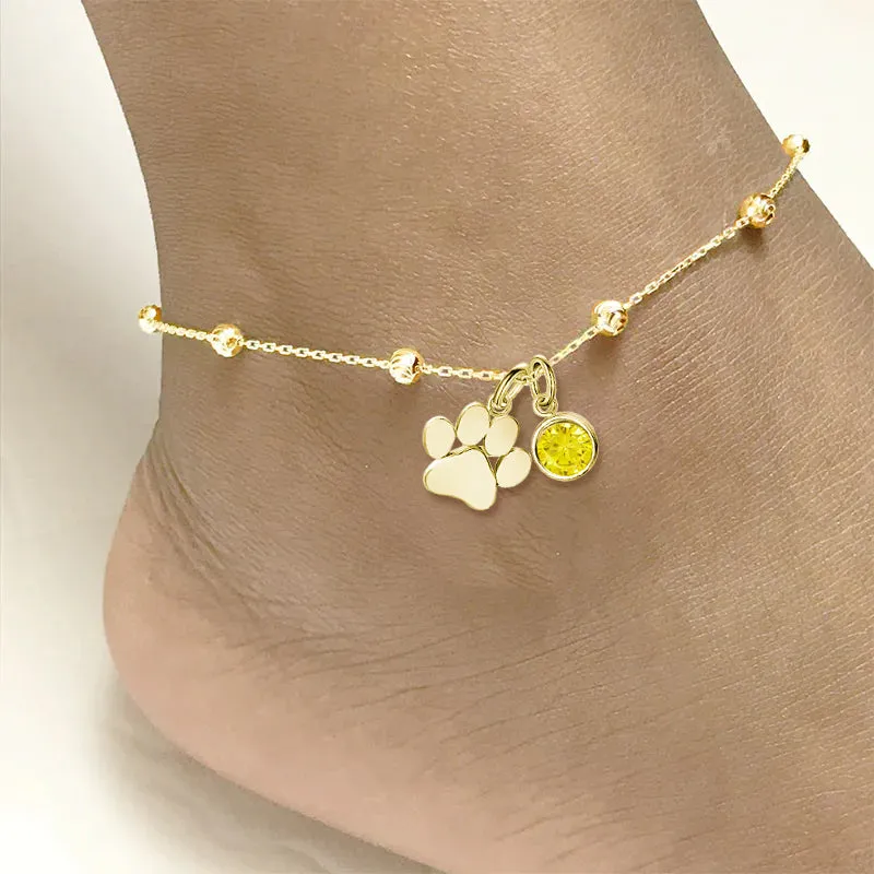 Birthstone Paw Print Anklet Sterling Silver Beaded Ankle Bracelet Cat Paw Anklet Dog Paw Anklet