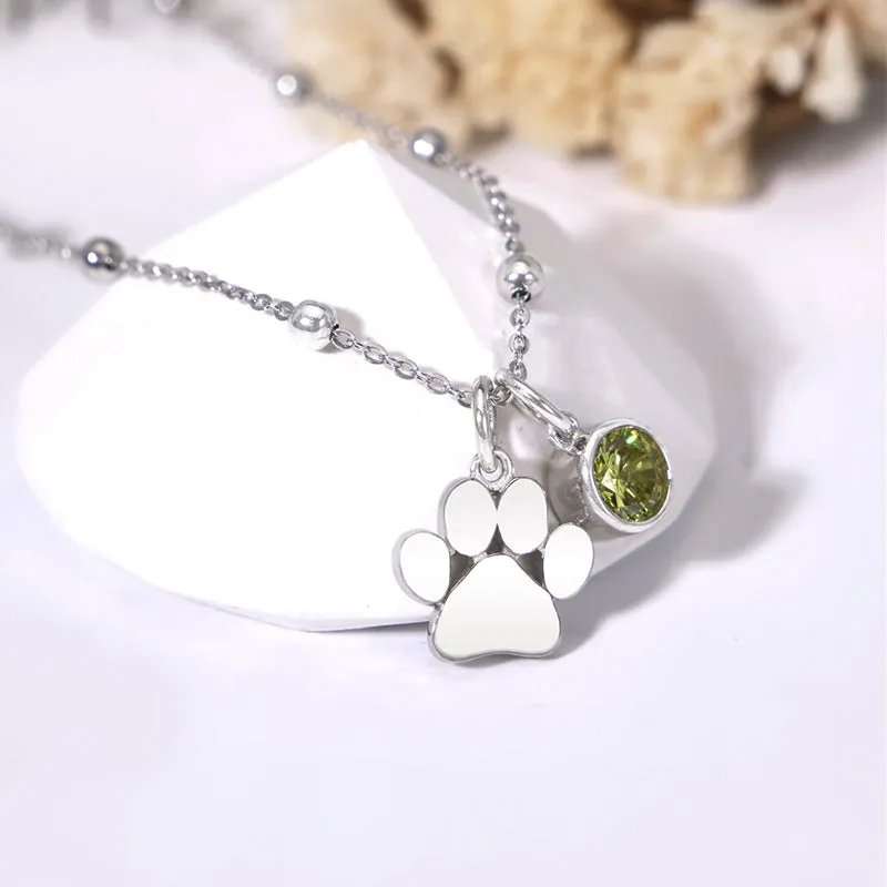 Birthstone Paw Print Anklet Sterling Silver Beaded Ankle Bracelet Cat Paw Anklet Dog Paw Anklet