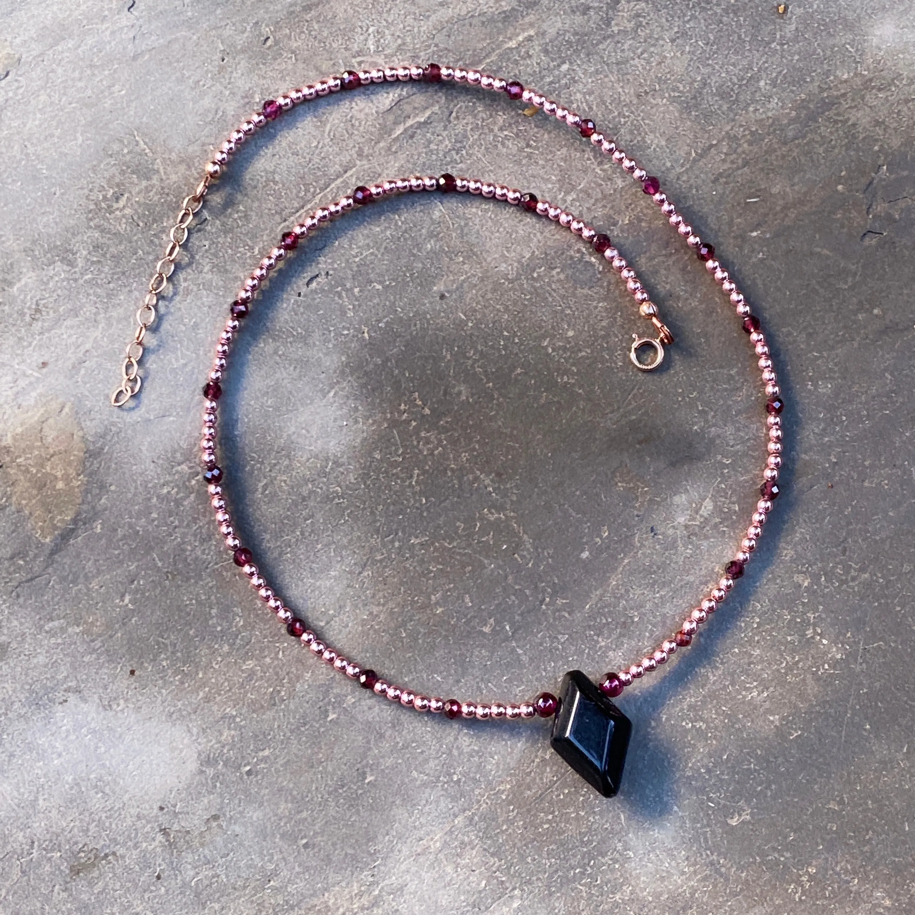 Black Agate, Rose Hematite, and Garnet w/ 14 kt Rose Gold Fill Choker/Necklace