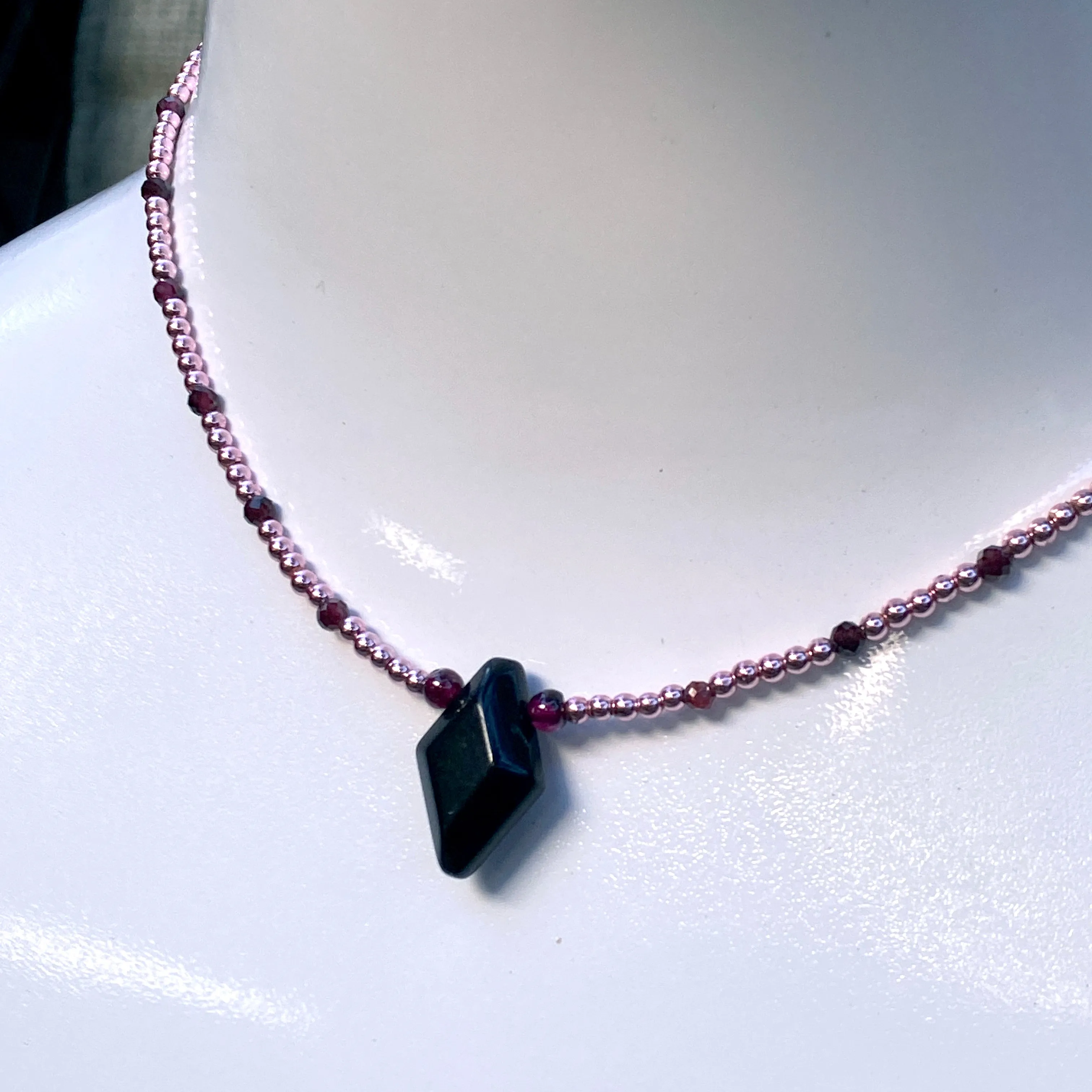 Black Agate, Rose Hematite, and Garnet w/ 14 kt Rose Gold Fill Choker/Necklace