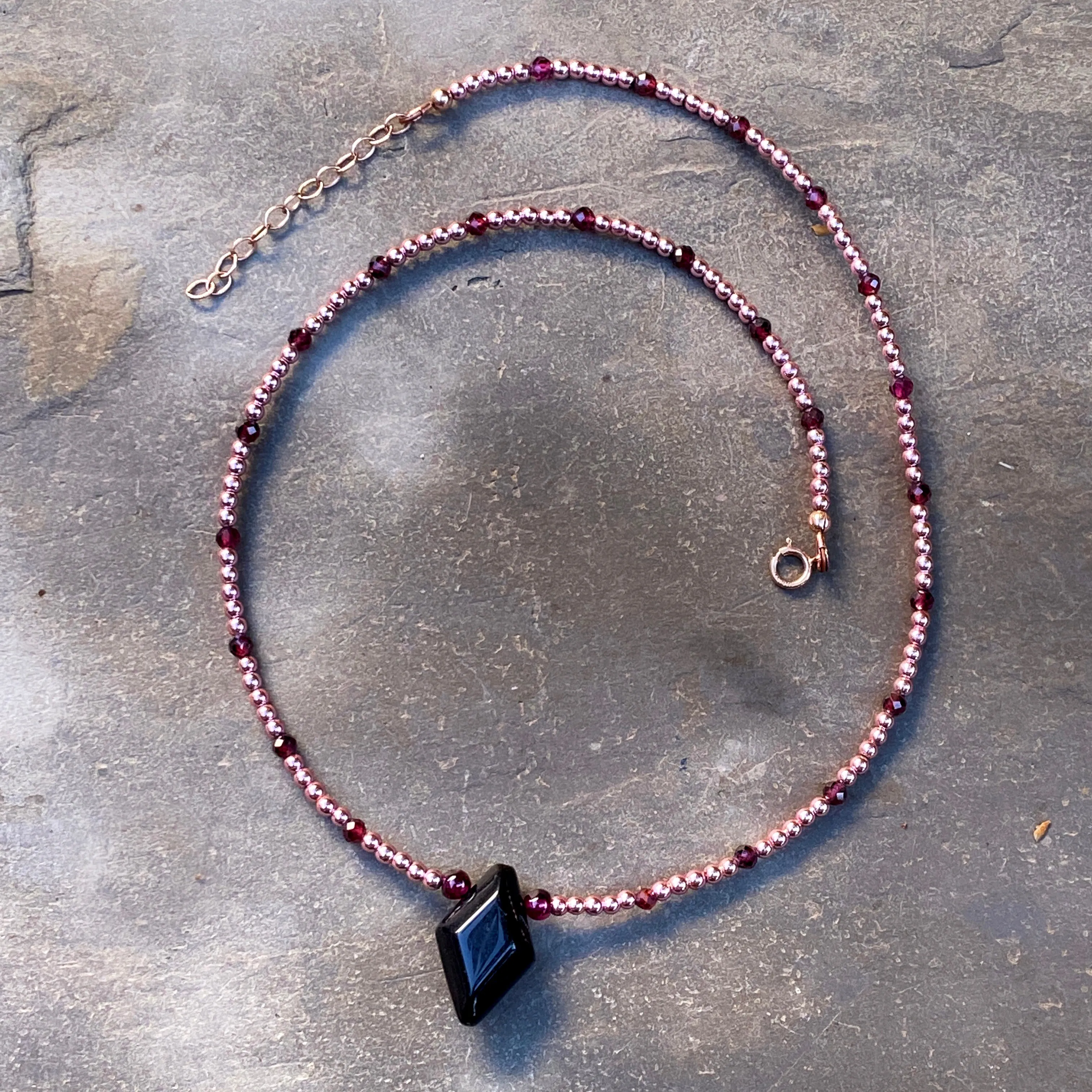 Black Agate, Rose Hematite, and Garnet w/ 14 kt Rose Gold Fill Choker/Necklace