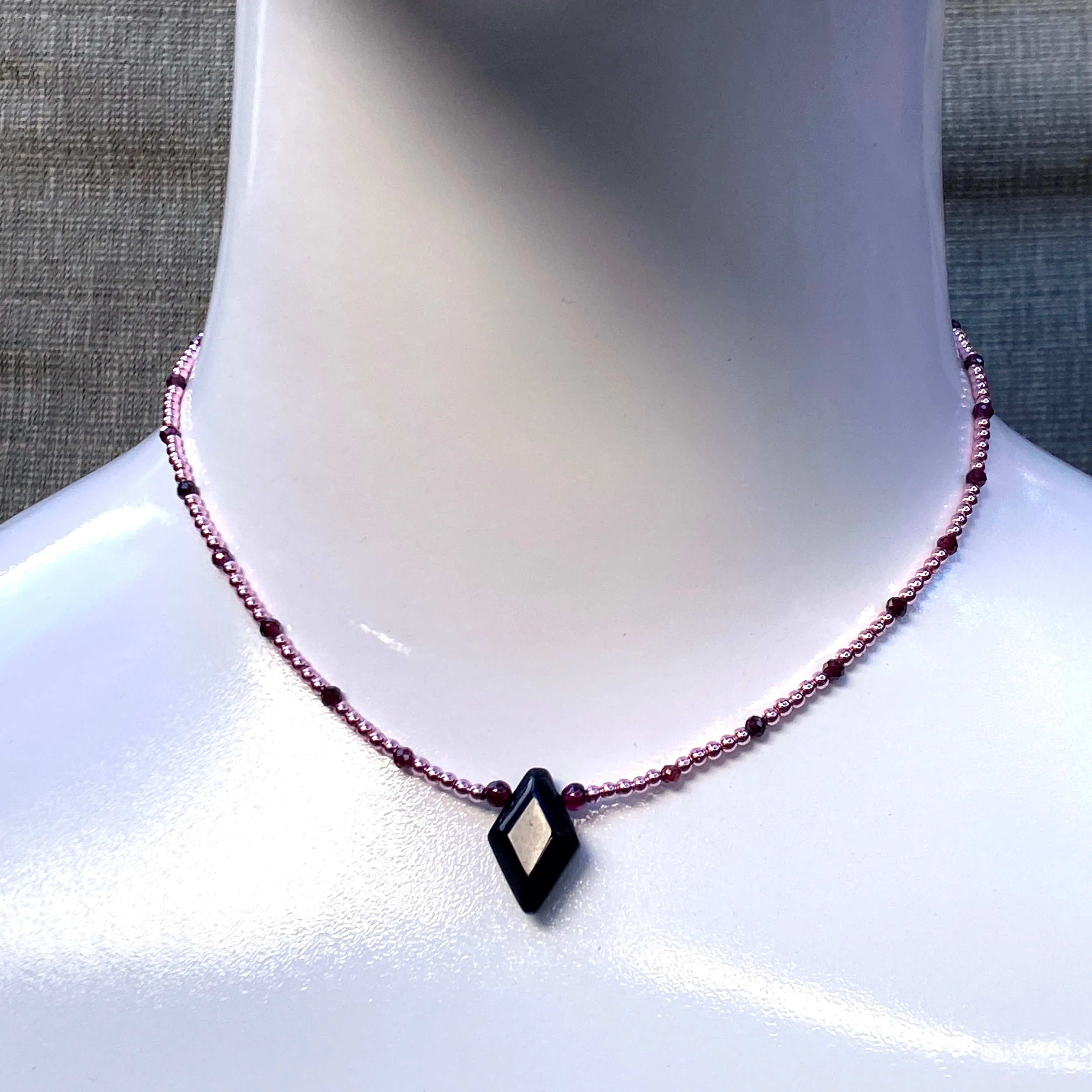 Black Agate, Rose Hematite, and Garnet w/ 14 kt Rose Gold Fill Choker/Necklace