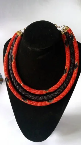 Black & Red beaded necklace, Double Tribal necklace, Maasai jewelry