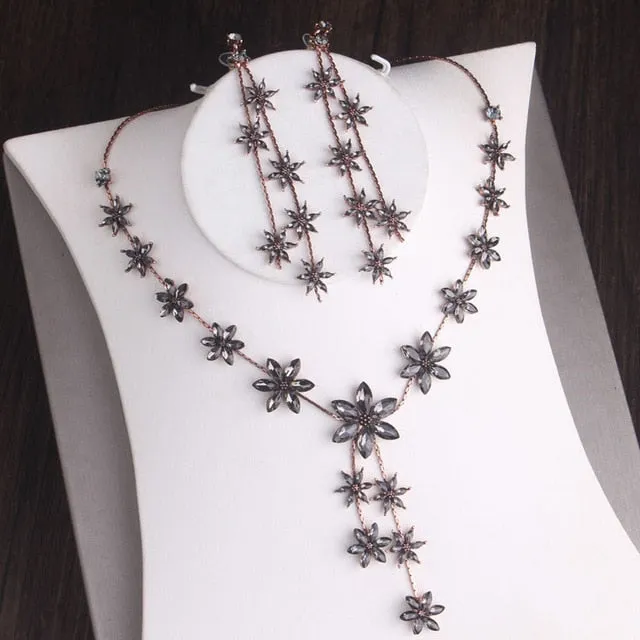 Black Crystal Snow Rhinestone Tiara, Necklace & Earrings Jewelry Set