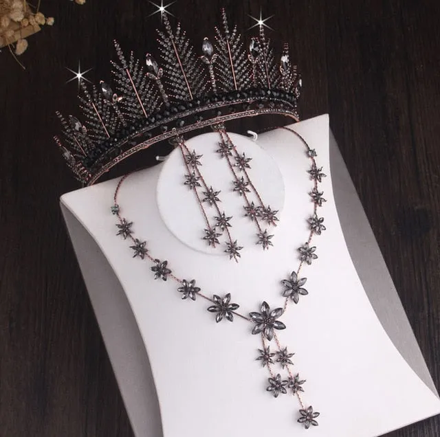 Black Crystal Snow Rhinestone Tiara, Necklace & Earrings Jewelry Set