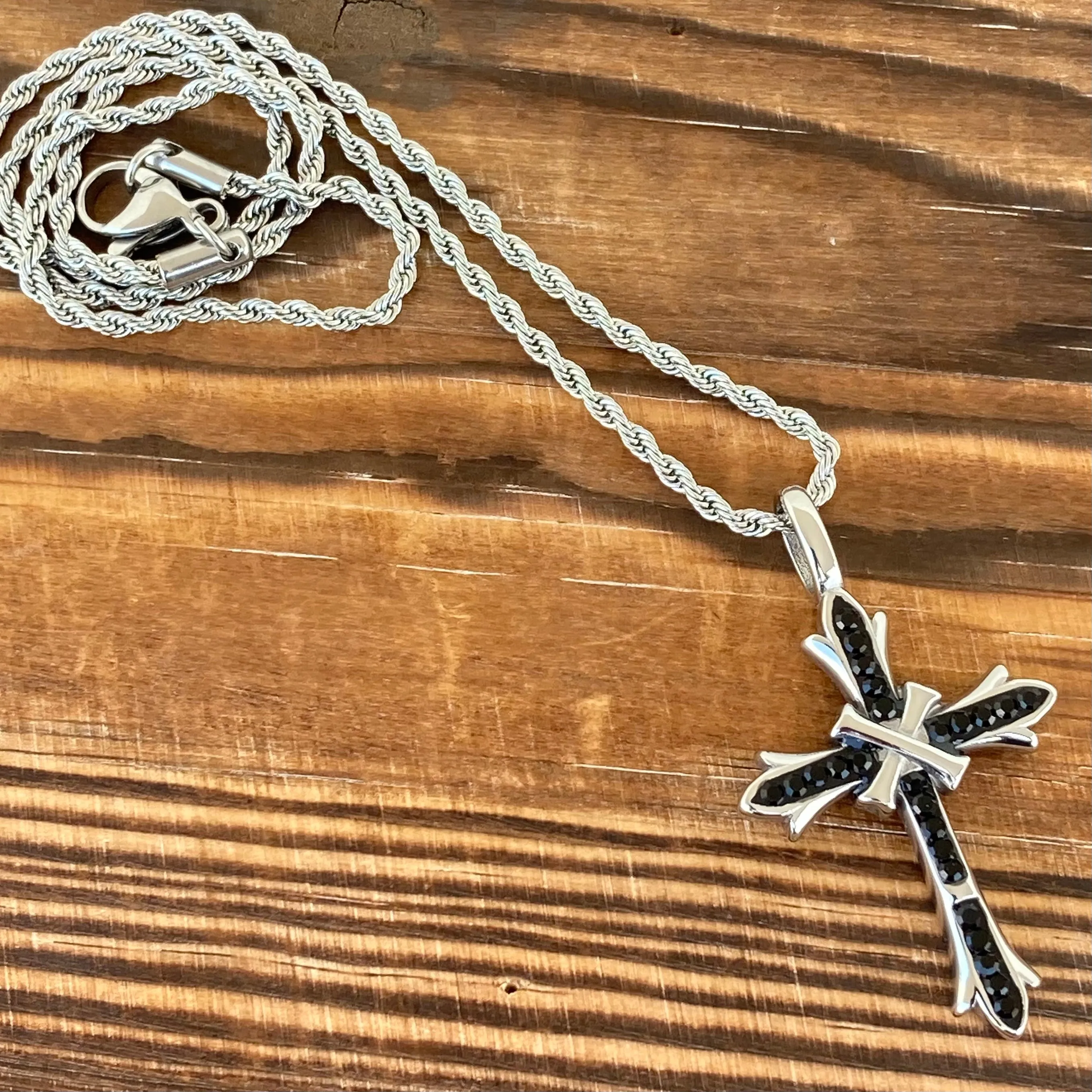 Bling Cross - Black Stone - Pendant - Rope Necklace - SK2605