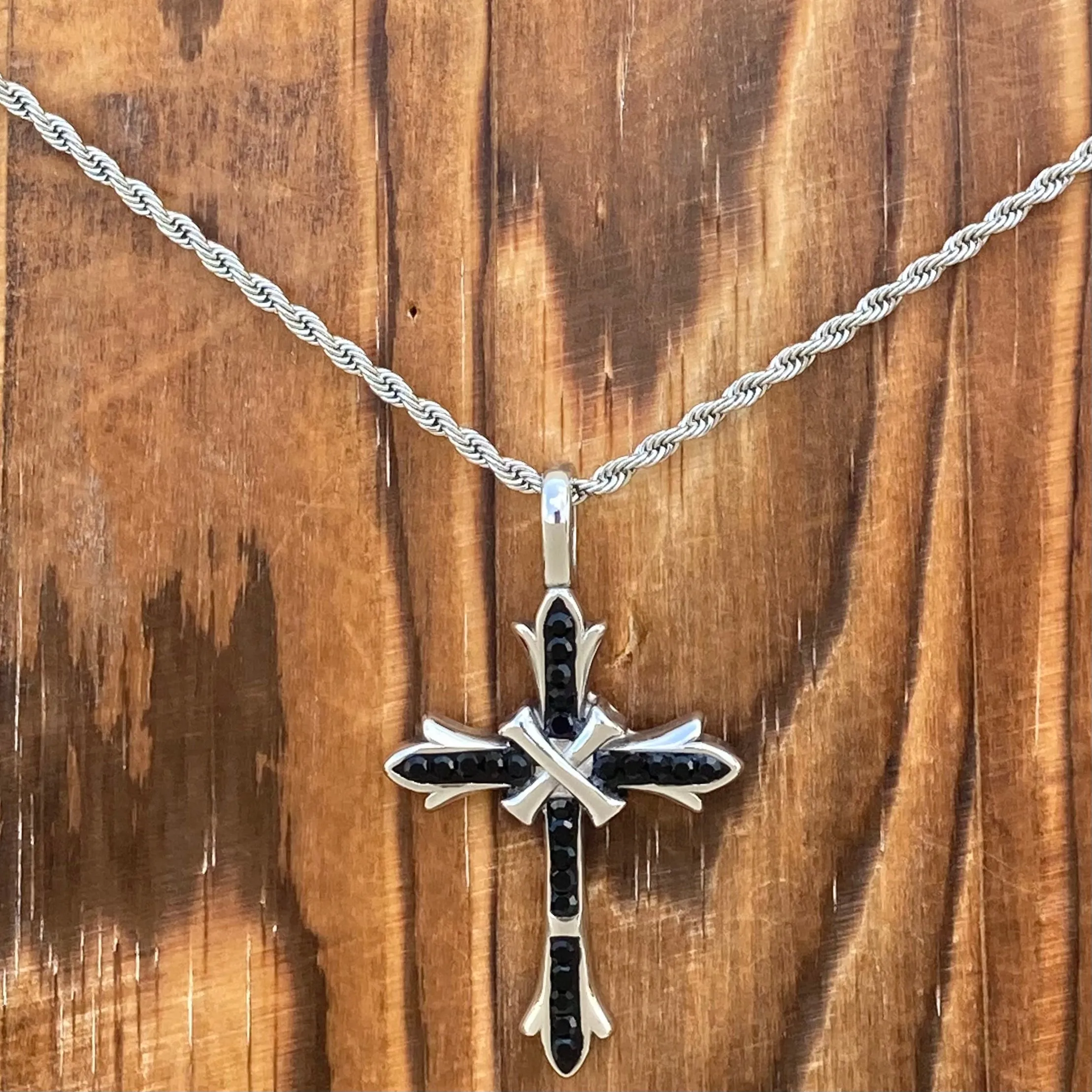 Bling Cross - Black Stone - Pendant - Rope Necklace - SK2605