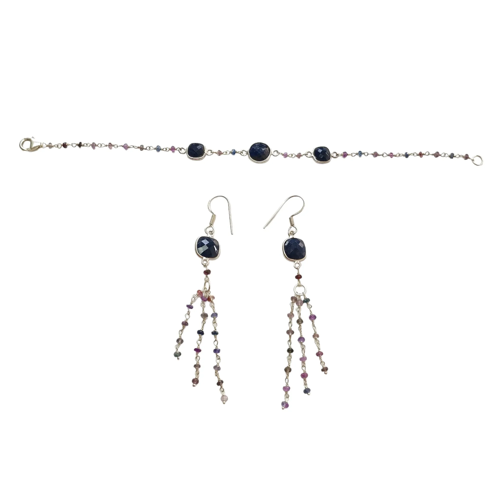 Blue & Multi Sapphire Gemstone With 925 Sterling Silver Jewelry : 8.61gms Natural Untreated Beaded Bracelet Drop Dangle Earring Jewelry Set