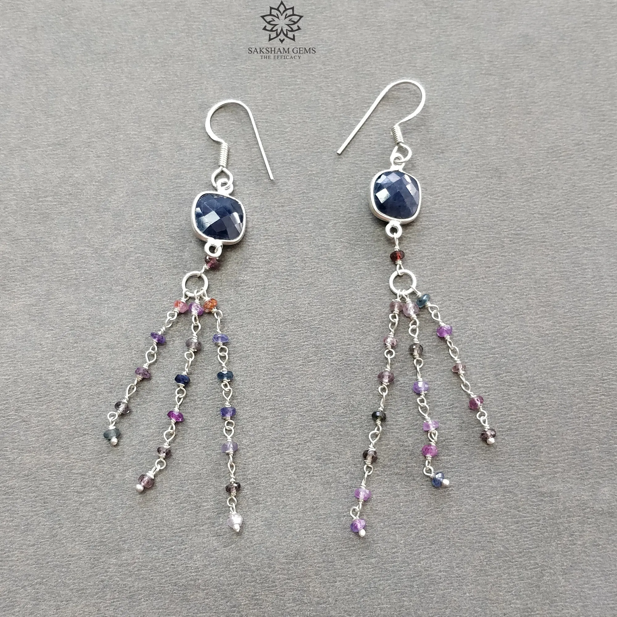 Blue & Multi Sapphire Gemstone With 925 Sterling Silver Jewelry : 8.61gms Natural Untreated Beaded Bracelet Drop Dangle Earring Jewelry Set