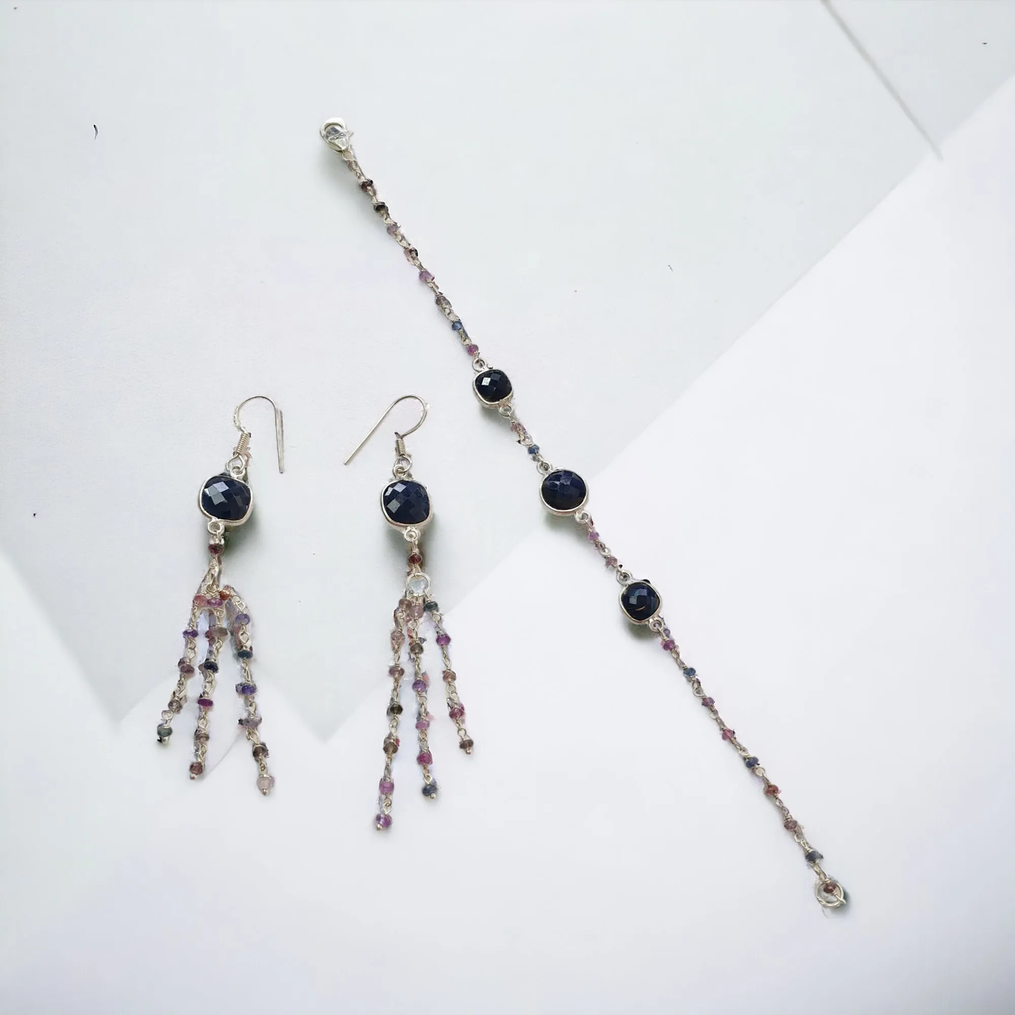 Blue & Multi Sapphire Gemstone With 925 Sterling Silver Jewelry : 8.61gms Natural Untreated Beaded Bracelet Drop Dangle Earring Jewelry Set