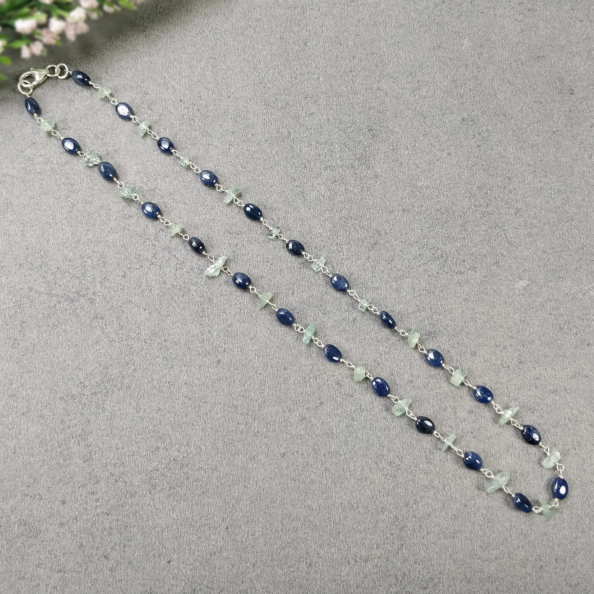 Blue SAPPHIRE & Green Emerald Gemstones Raw Uncut Beads : 925 Sterling Silver Natural Sapphire Oval Cabochon 16" Necklace