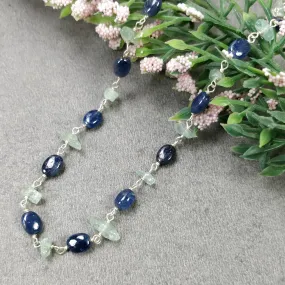 Blue SAPPHIRE & Green Emerald Gemstones Raw Uncut Beads : 925 Sterling Silver Natural Sapphire Oval Cabochon 16" Necklace