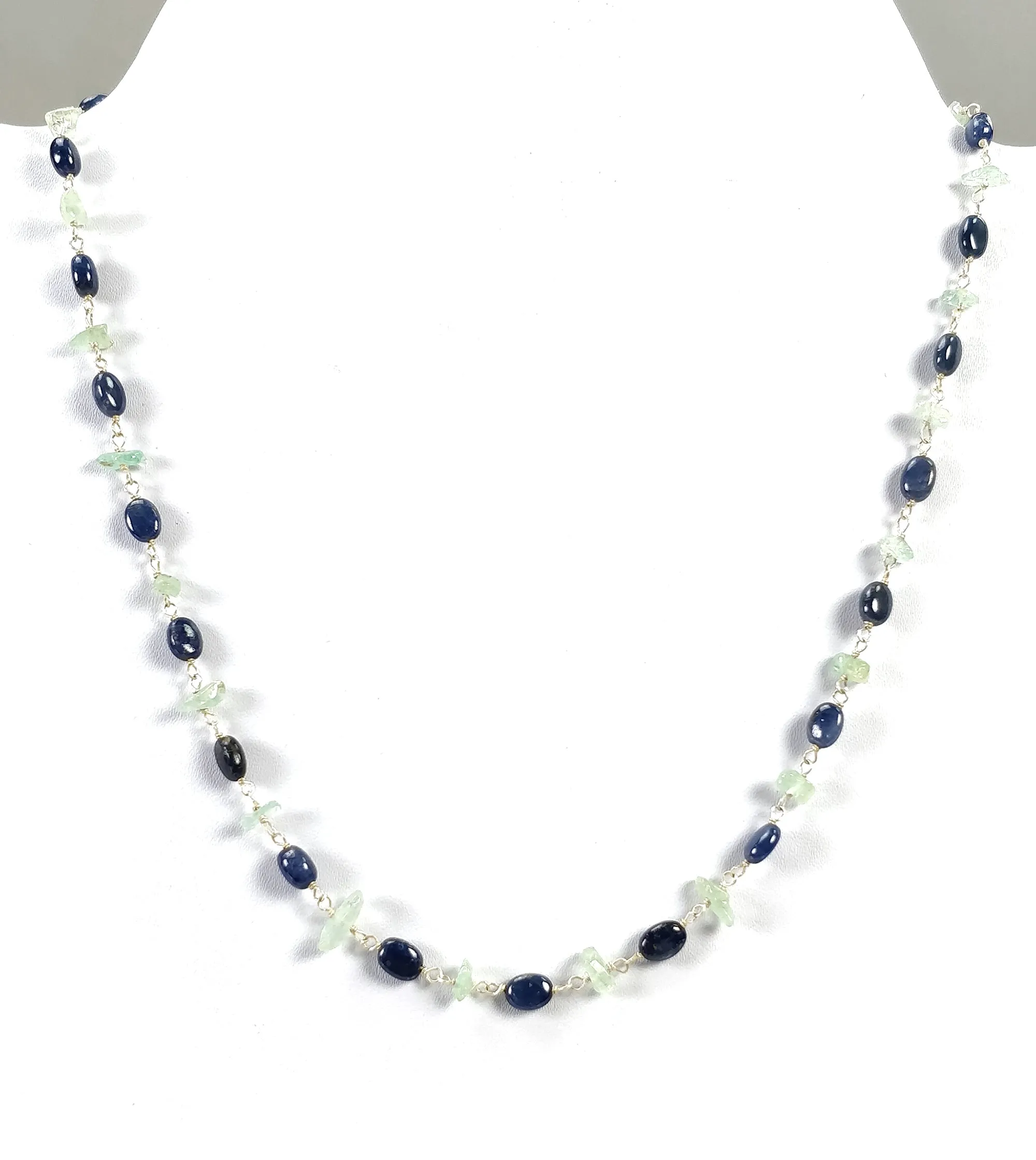 Blue SAPPHIRE & Green Emerald Gemstones Raw Uncut Beads : 925 Sterling Silver Natural Sapphire Oval Cabochon 16" Necklace