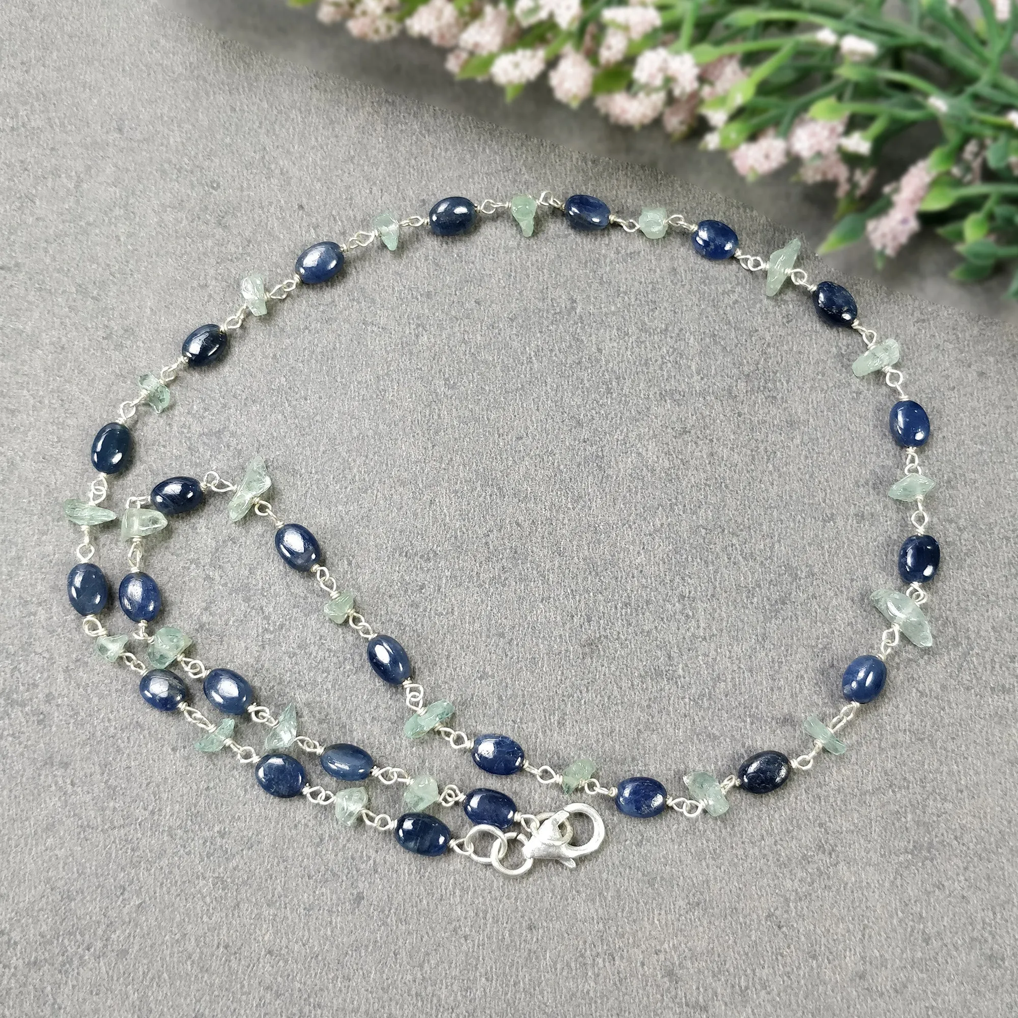 Blue SAPPHIRE & Green Emerald Gemstones Raw Uncut Beads : 925 Sterling Silver Natural Sapphire Oval Cabochon 16" Necklace