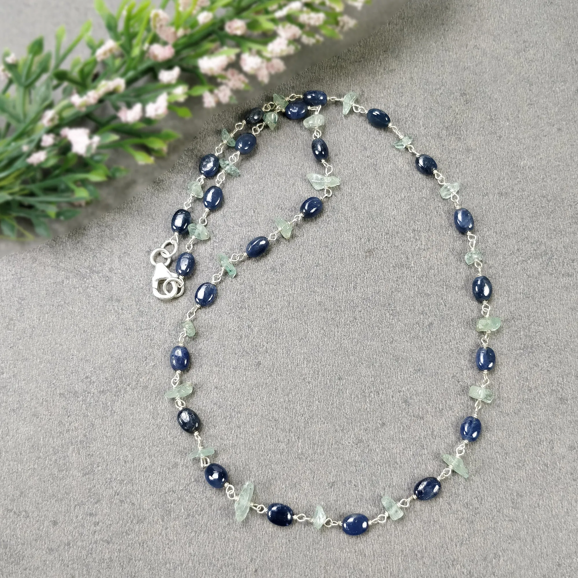 Blue SAPPHIRE & Green Emerald Gemstones Raw Uncut Beads : 925 Sterling Silver Natural Sapphire Oval Cabochon 16" Necklace