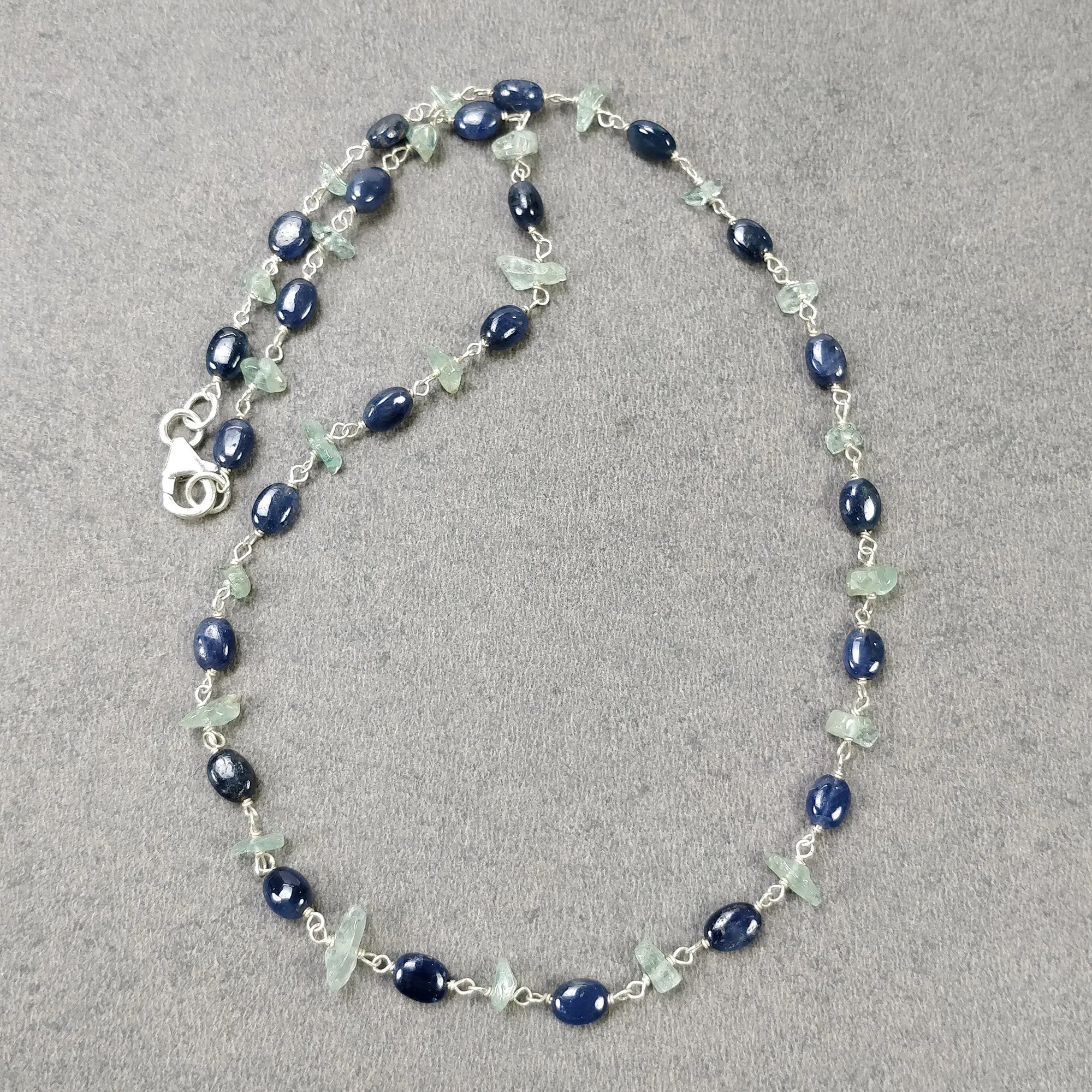 Blue SAPPHIRE & Green Emerald Gemstones Raw Uncut Beads : 925 Sterling Silver Natural Sapphire Oval Cabochon 16" Necklace