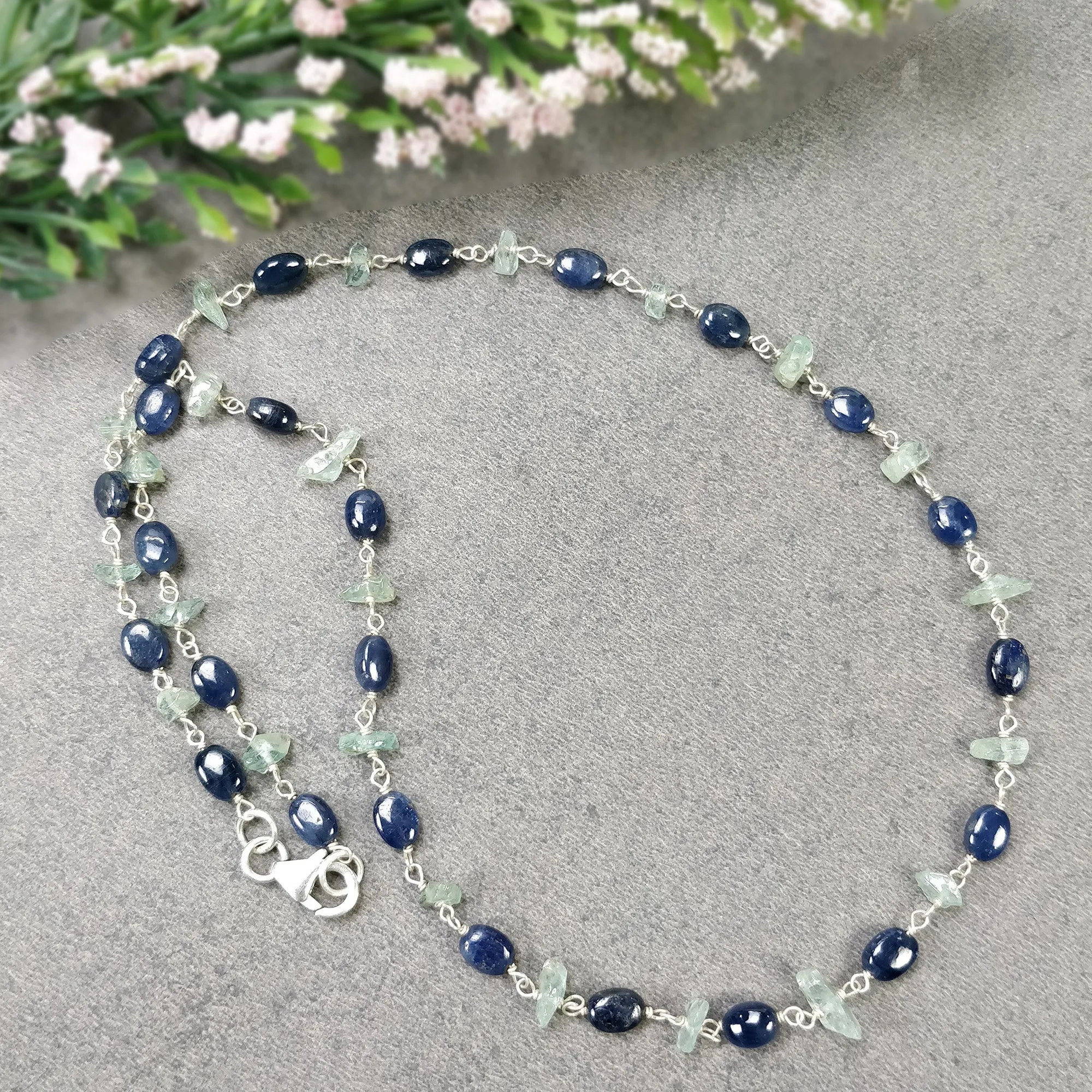 Blue SAPPHIRE & Green Emerald Gemstones Raw Uncut Beads : 925 Sterling Silver Natural Sapphire Oval Cabochon 16" Necklace