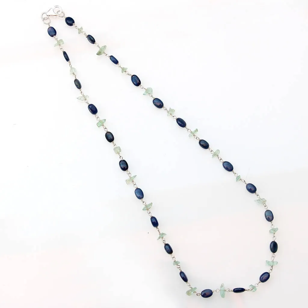 BLUE SAPPHIRE EMERALD Gemstones Raw Uncut Beads : Natural Emerald Blue Sapphire Sterling Silver Chain Necklace 17" Gift For Her