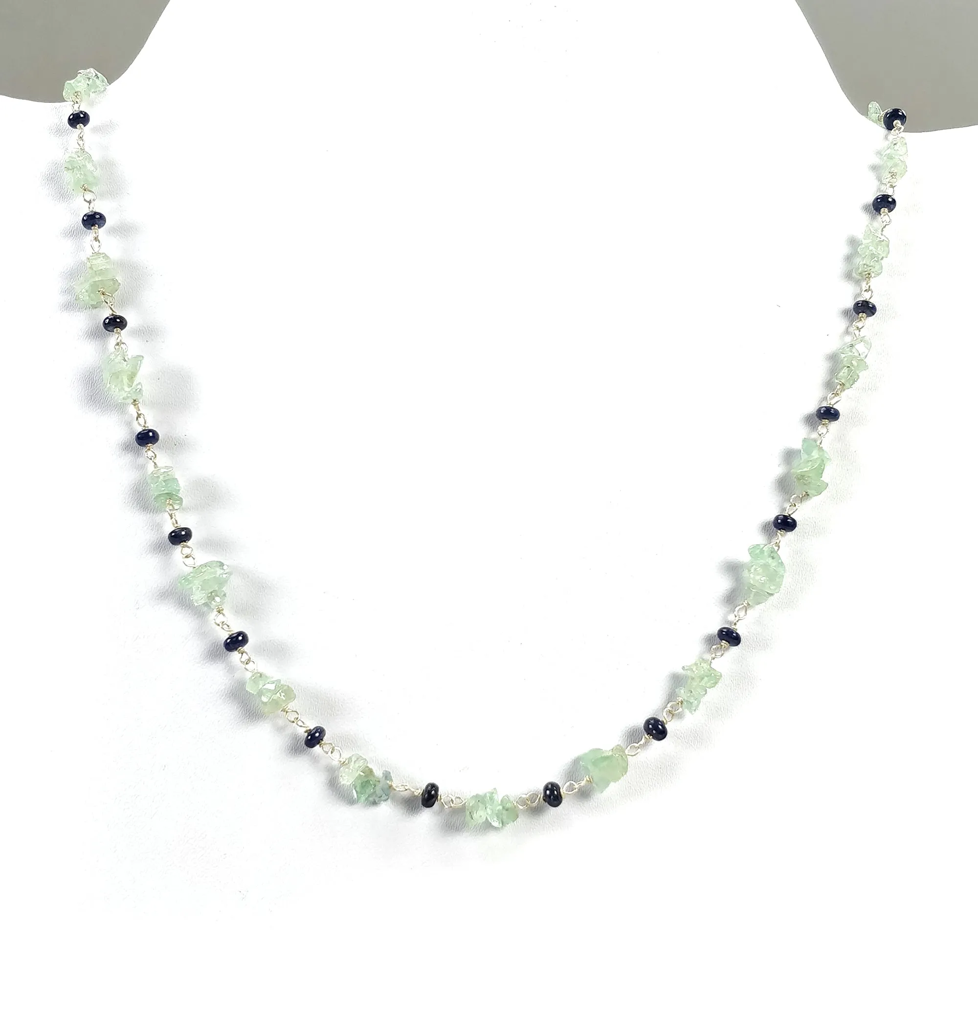 BLUE SAPPHIRE EMERALD Gemstones Raw Uncut Beads : Natural Emerald Blue Sapphire Sterling Silver Chain Necklace 17" Gift For Her