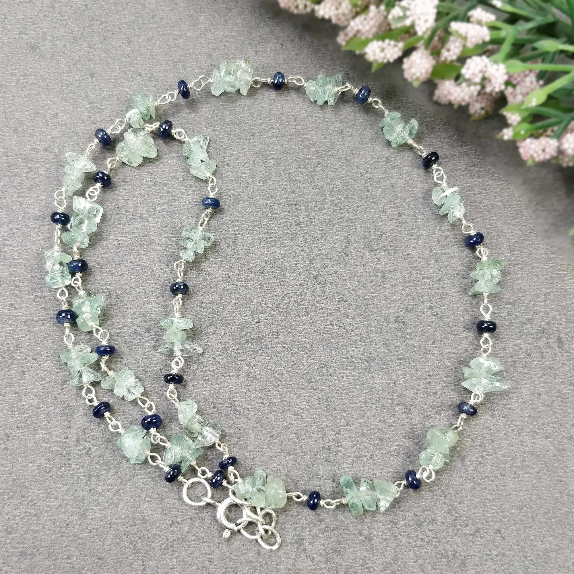 BLUE SAPPHIRE EMERALD Gemstones Raw Uncut Beads : Natural Emerald Blue Sapphire Sterling Silver Chain Necklace 17" Gift For Her