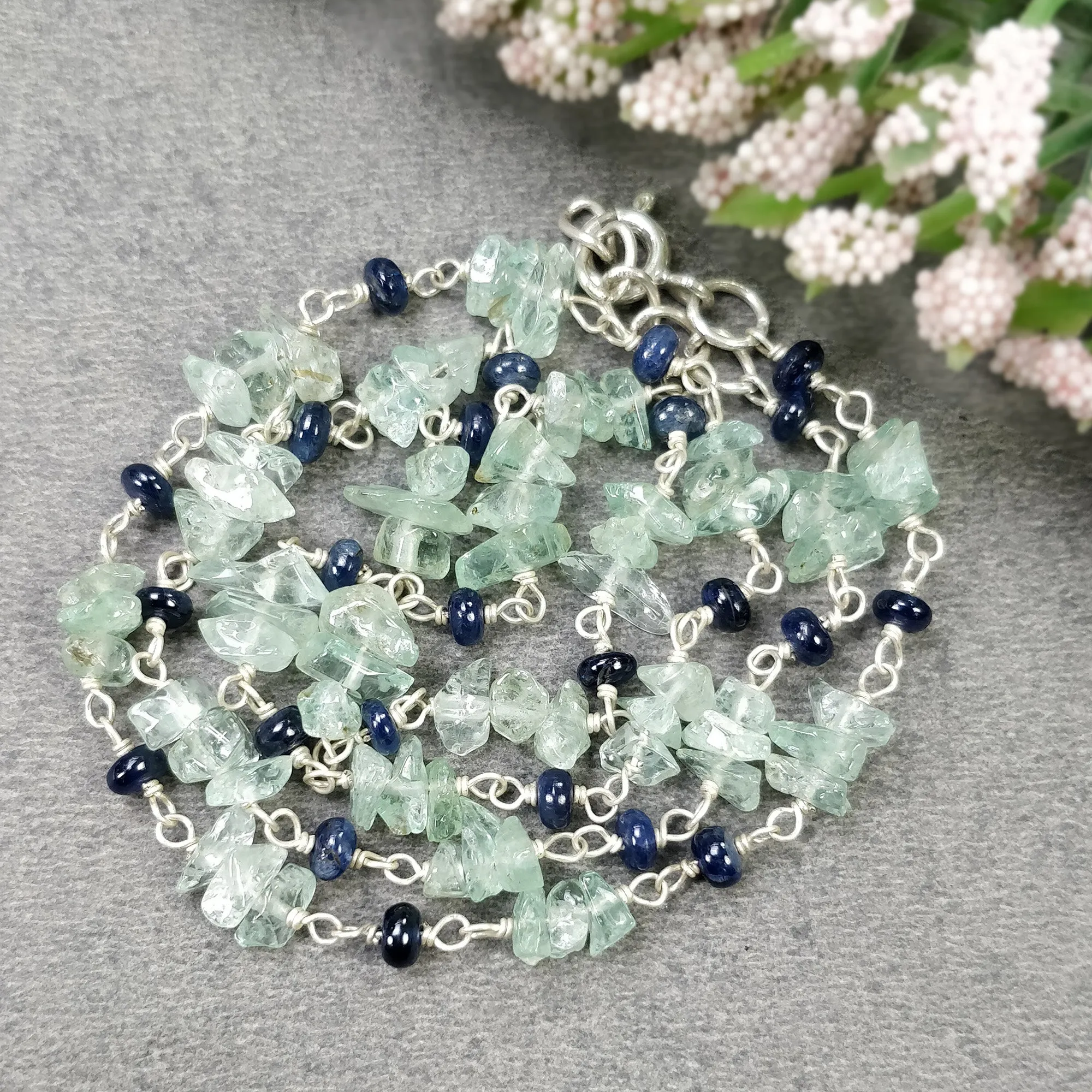 BLUE SAPPHIRE EMERALD Gemstones Raw Uncut Beads : Natural Emerald Blue Sapphire Sterling Silver Chain Necklace 17" Gift For Her