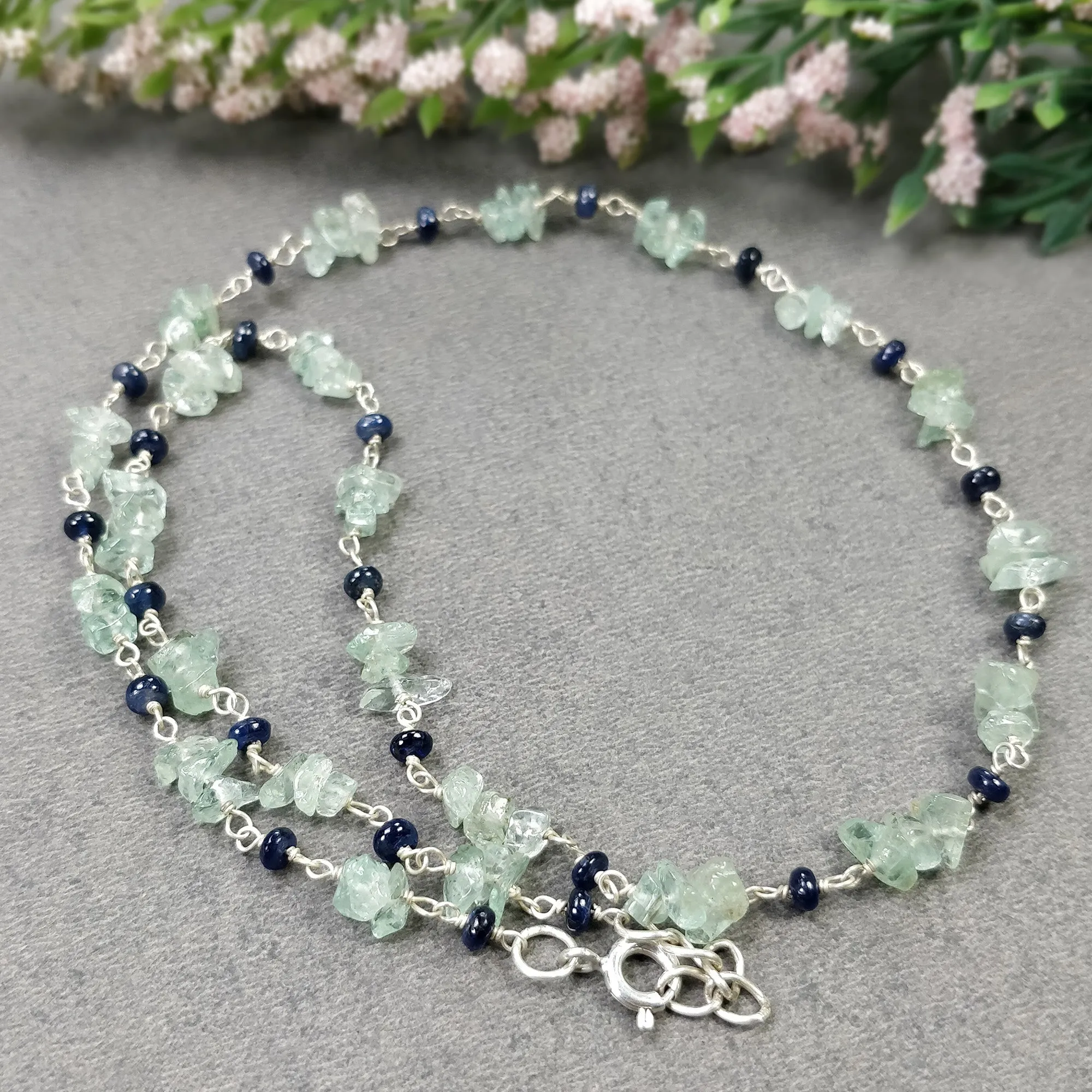 BLUE SAPPHIRE EMERALD Gemstones Raw Uncut Beads : Natural Emerald Blue Sapphire Sterling Silver Chain Necklace 17" Gift For Her