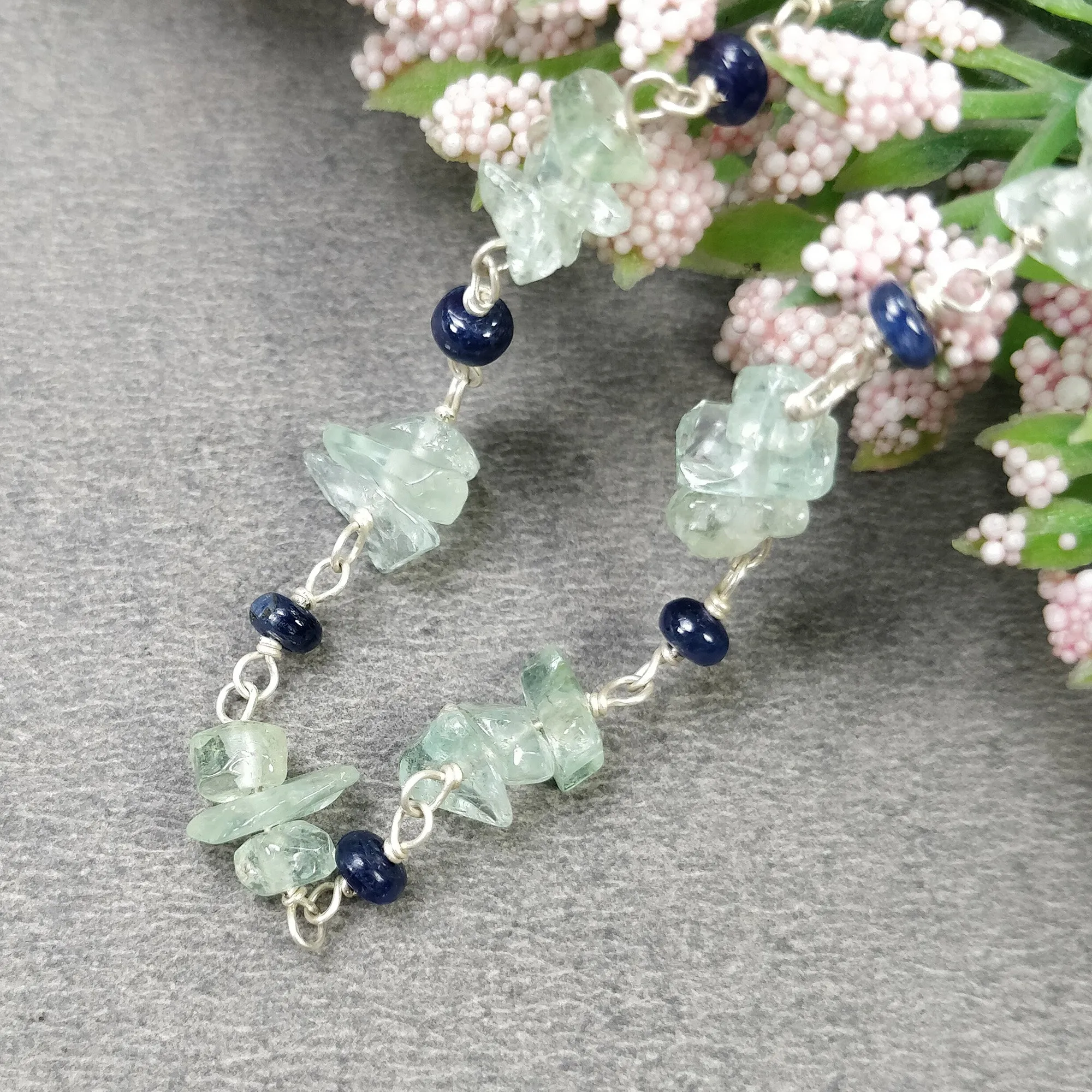 BLUE SAPPHIRE EMERALD Gemstones Raw Uncut Beads : Natural Emerald Blue Sapphire Sterling Silver Chain Necklace 17" Gift For Her