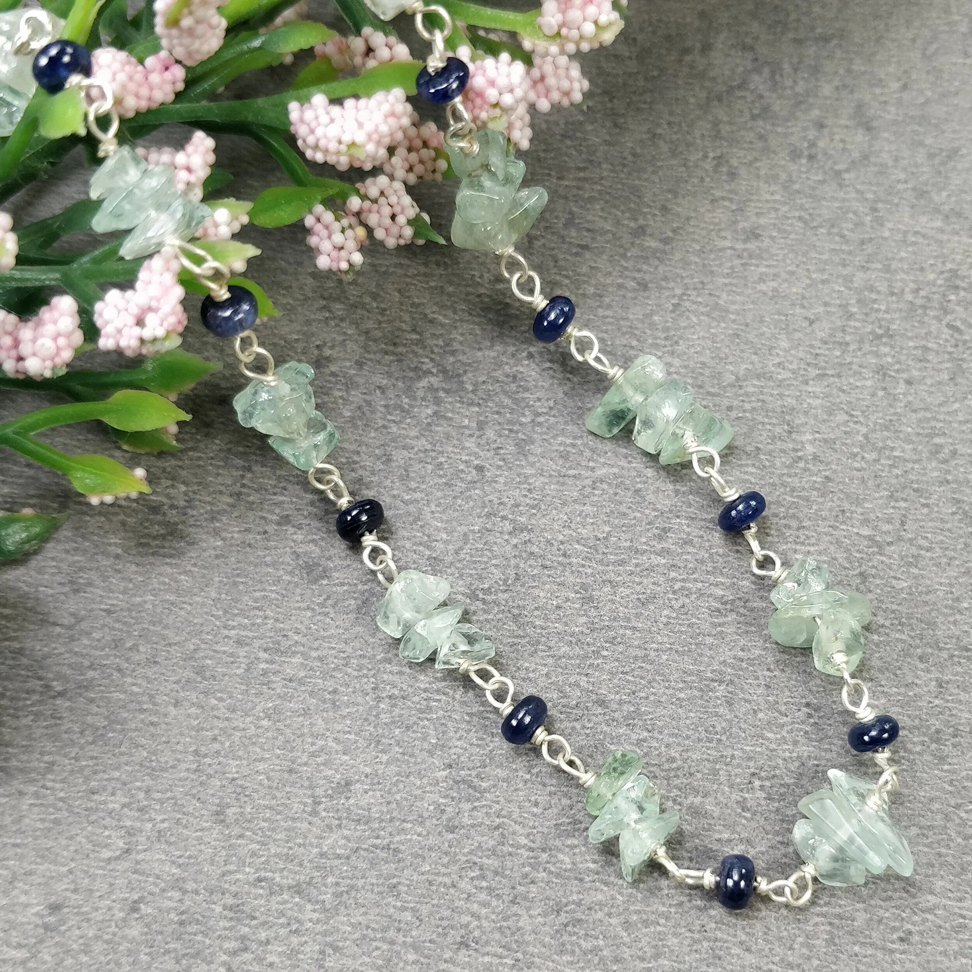 BLUE SAPPHIRE EMERALD Gemstones Raw Uncut Beads : Natural Emerald Blue Sapphire Sterling Silver Chain Necklace 17" Gift For Her