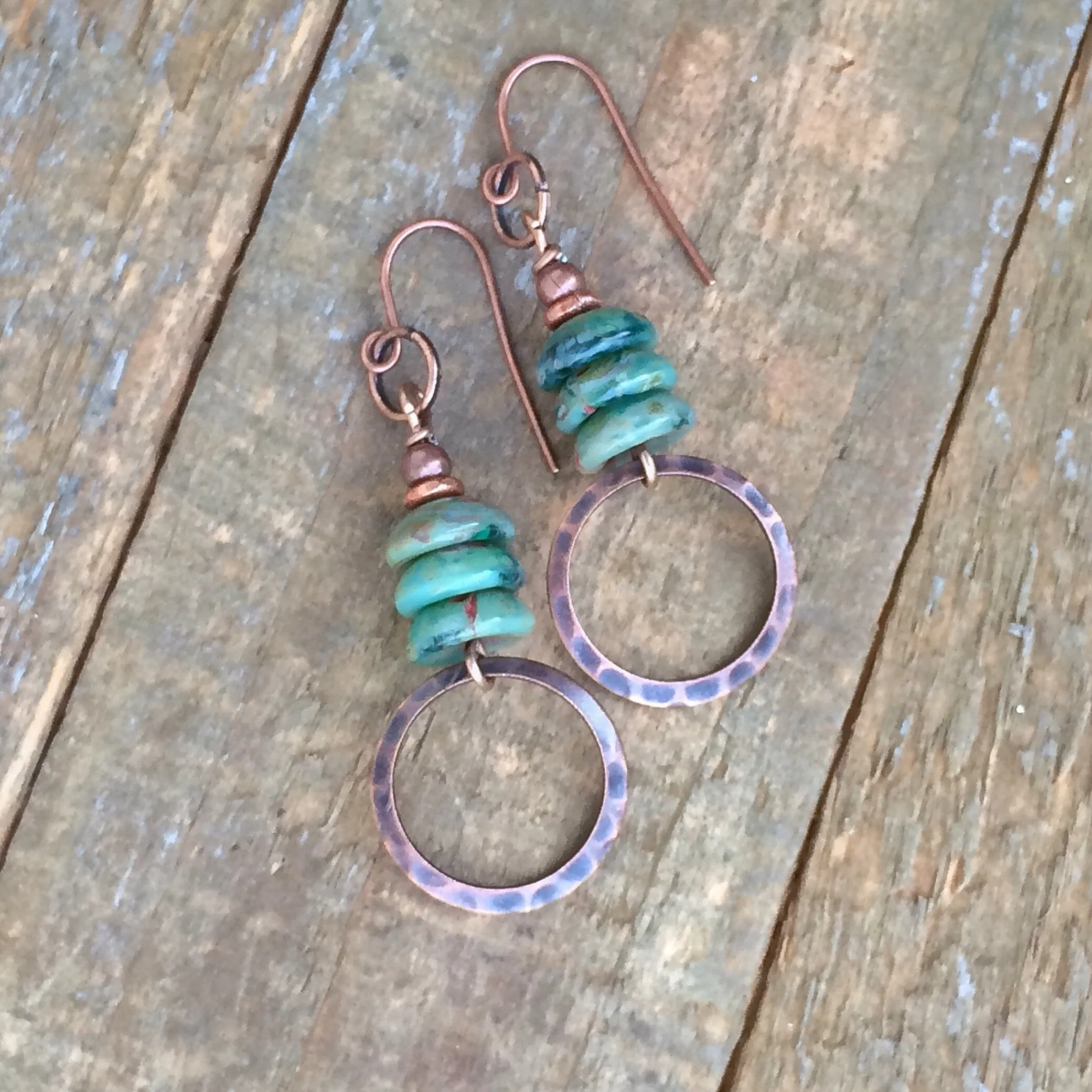 Bohemian Green Earrings, Spring Green Jewelry, Copper Dangle Earrings, Green Czech Glass Earrings, Copper Dangle Earrings,