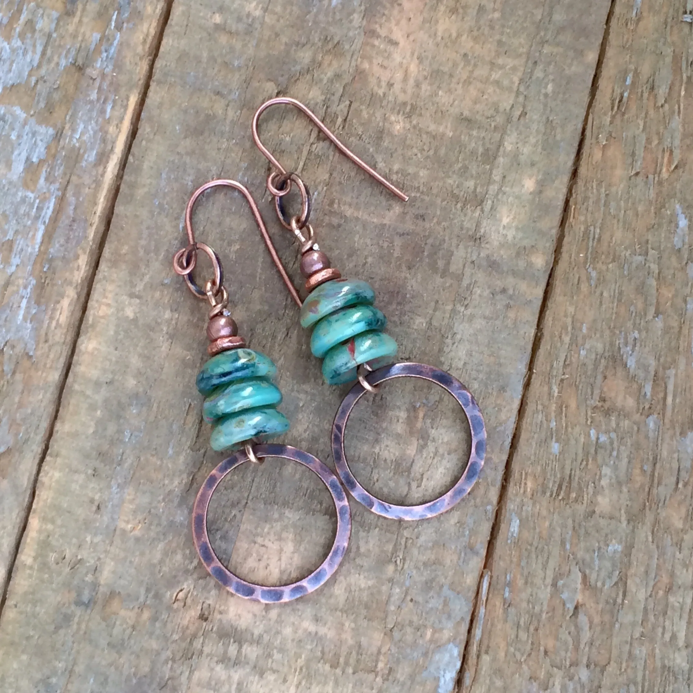 Bohemian Green Earrings, Spring Green Jewelry, Copper Dangle Earrings, Green Czech Glass Earrings, Copper Dangle Earrings,