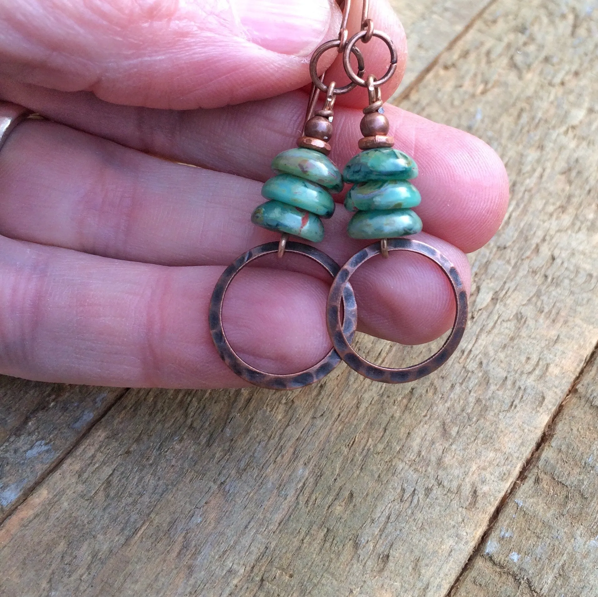 Bohemian Green Earrings, Spring Green Jewelry, Copper Dangle Earrings, Green Czech Glass Earrings, Copper Dangle Earrings,