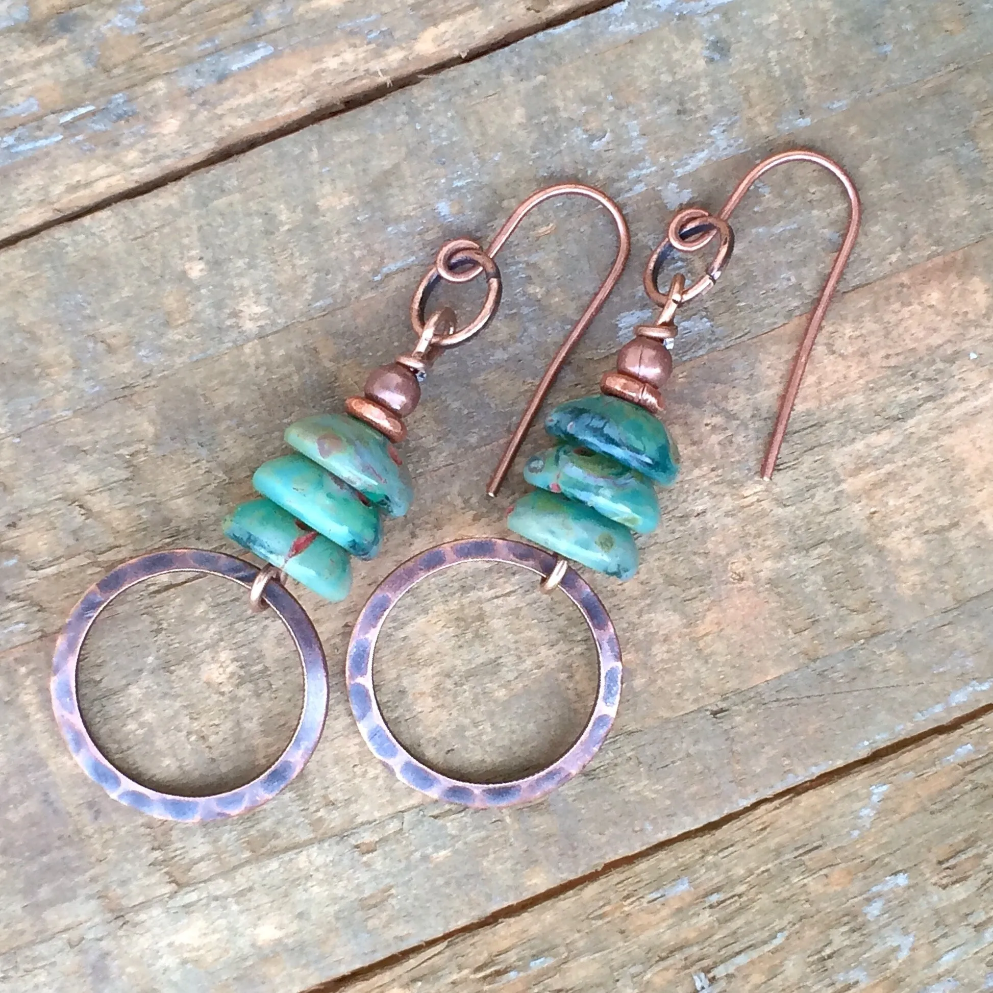 Bohemian Green Earrings, Spring Green Jewelry, Copper Dangle Earrings, Green Czech Glass Earrings, Copper Dangle Earrings,