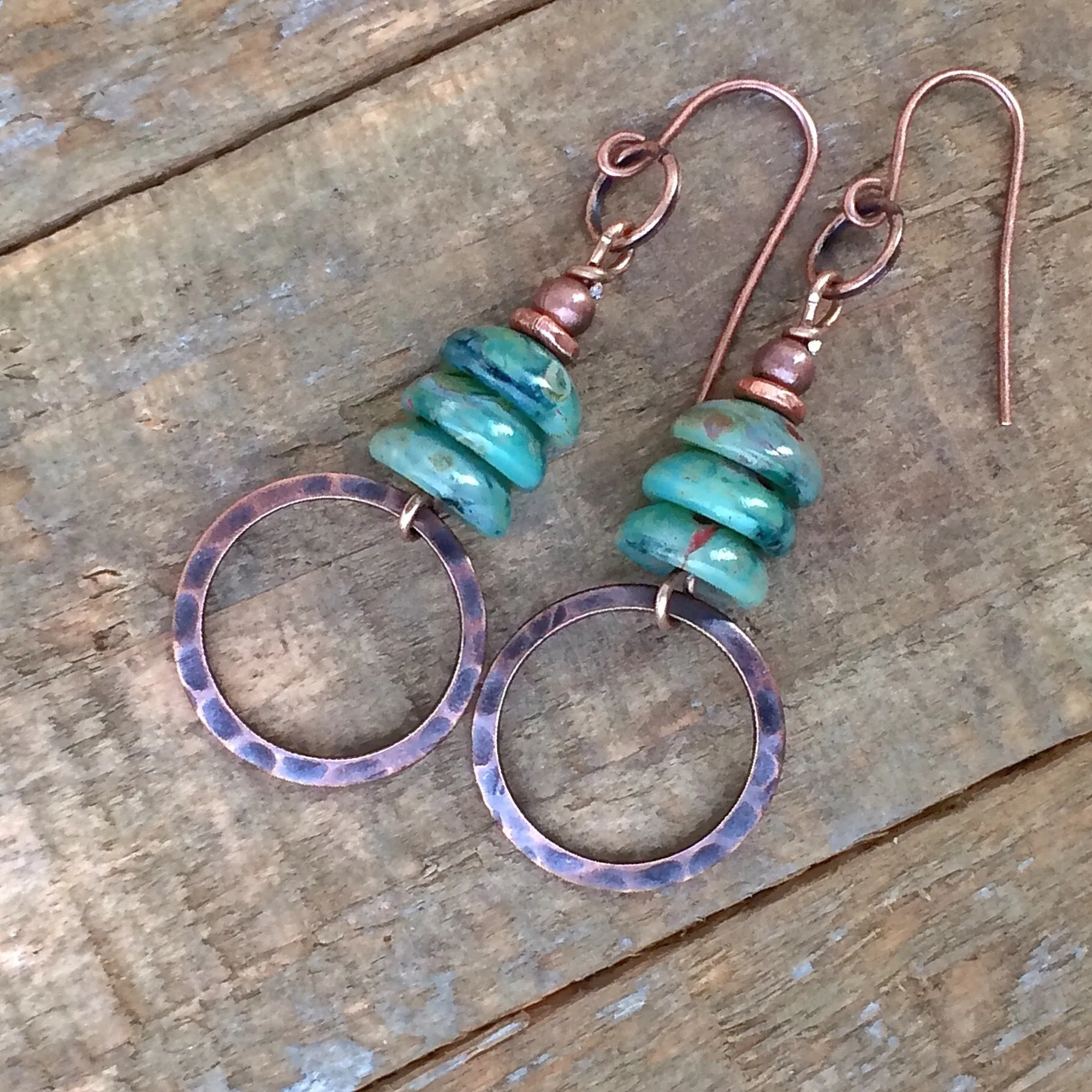 Bohemian Green Earrings, Spring Green Jewelry, Copper Dangle Earrings, Green Czech Glass Earrings, Copper Dangle Earrings,